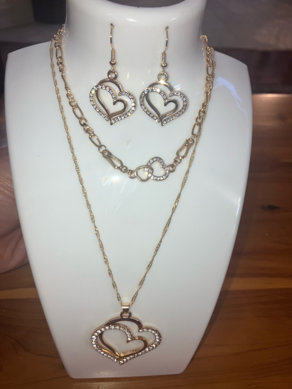 Heart Pendant Necklace, Earring Bracelet Set Gold with rhinestone/cosmetic bag